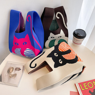 韩版 泫雅风飞织托特包小众设计时尚 针织手提拼色水桶包撞色手提包