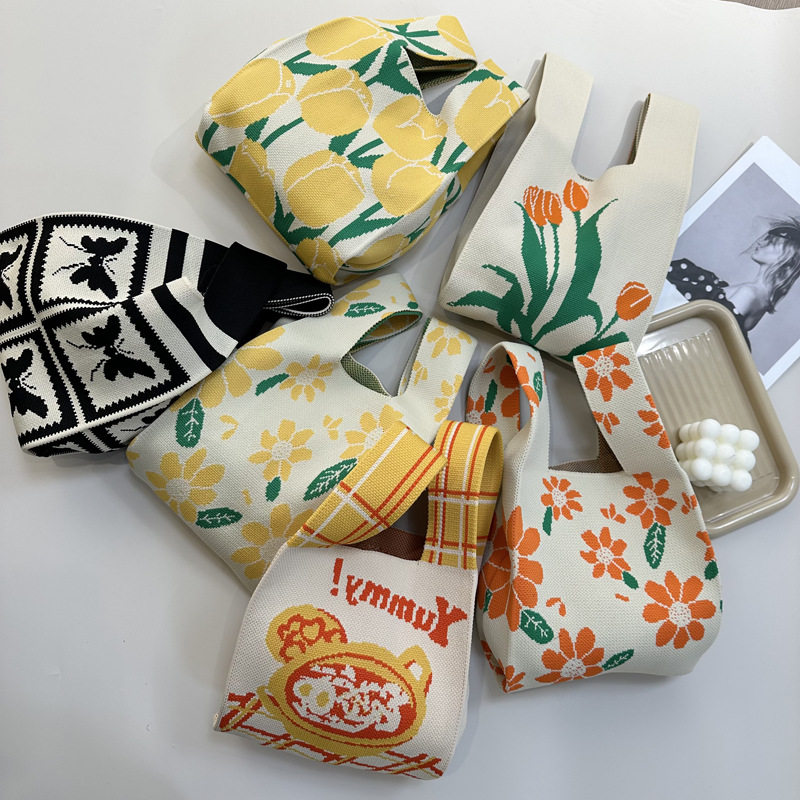 日系韩版小众大容量卡通风针织包逛街懒人简约风托特包提包手腕包