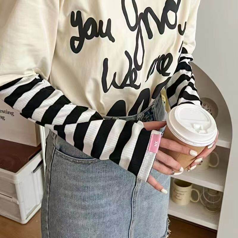 新款条纹冰袖防晒袖套外出骑行手套一体护臂冰袖冰丝袖套护腕冰袖