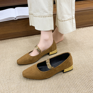 春夏高跟鞋粗跟低跟时尚方头浅口单鞋绒面女鞋一字扣法式玛丽珍鞋