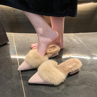 包头半拖鞋女冬外穿棉拖鞋加绒保暖低跟粗跟尖头高跟鞋毛毛穆勒鞋