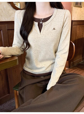 假两件长袖t恤女外穿2025秋冬新款内搭高级感显瘦打底衫短款上衣