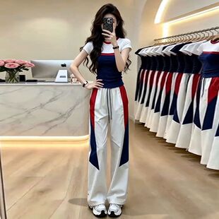 撞色条纹休闲T恤速干裤两件套女2026夏装运动松弛感显瘦减龄套装