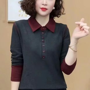 保暖衫 秋冬韩版 polo领纽扣长袖 时尚 减龄气质宽松遮肚立领上衣 新款