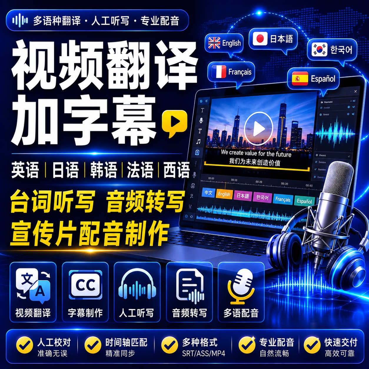 视频翻译加字幕 英日韩法西语台短视频制作