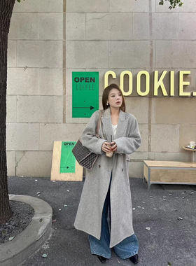 秋冬新款加厚灰色高级感双排扣兔绒双面羊绒大衣羊毛呢外套韩系