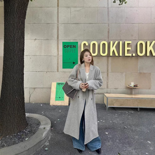 秋冬新款加厚灰色高级感双排扣兔绒双面羊绒大衣羊毛呢外套韩系