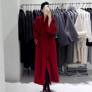 高级感红色中长款浴袍款双面羊毛大衣女秋冬新款过新年羊毛呢外套