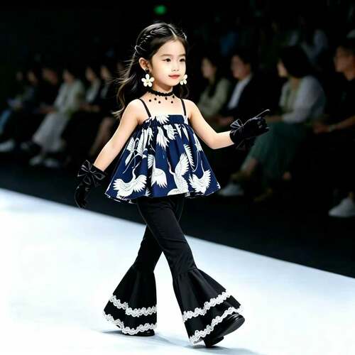 儿童时尚港风印花吊带幼儿走秀喇叭裤80 90年代主题怀旧表演服装