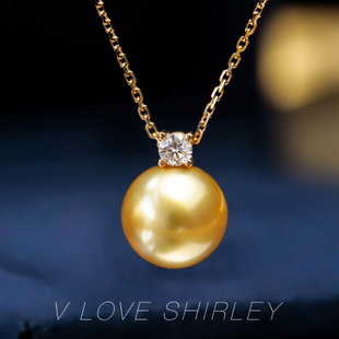 天然浓金珍珠王妃吊坠南洋金珠戴妃海水珍珠项链18K金钻正圆强光