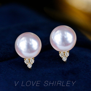 『大牌同款』akoya珍珠耳钉18k金钻石高级感天然珍珠耳饰时尚通勤