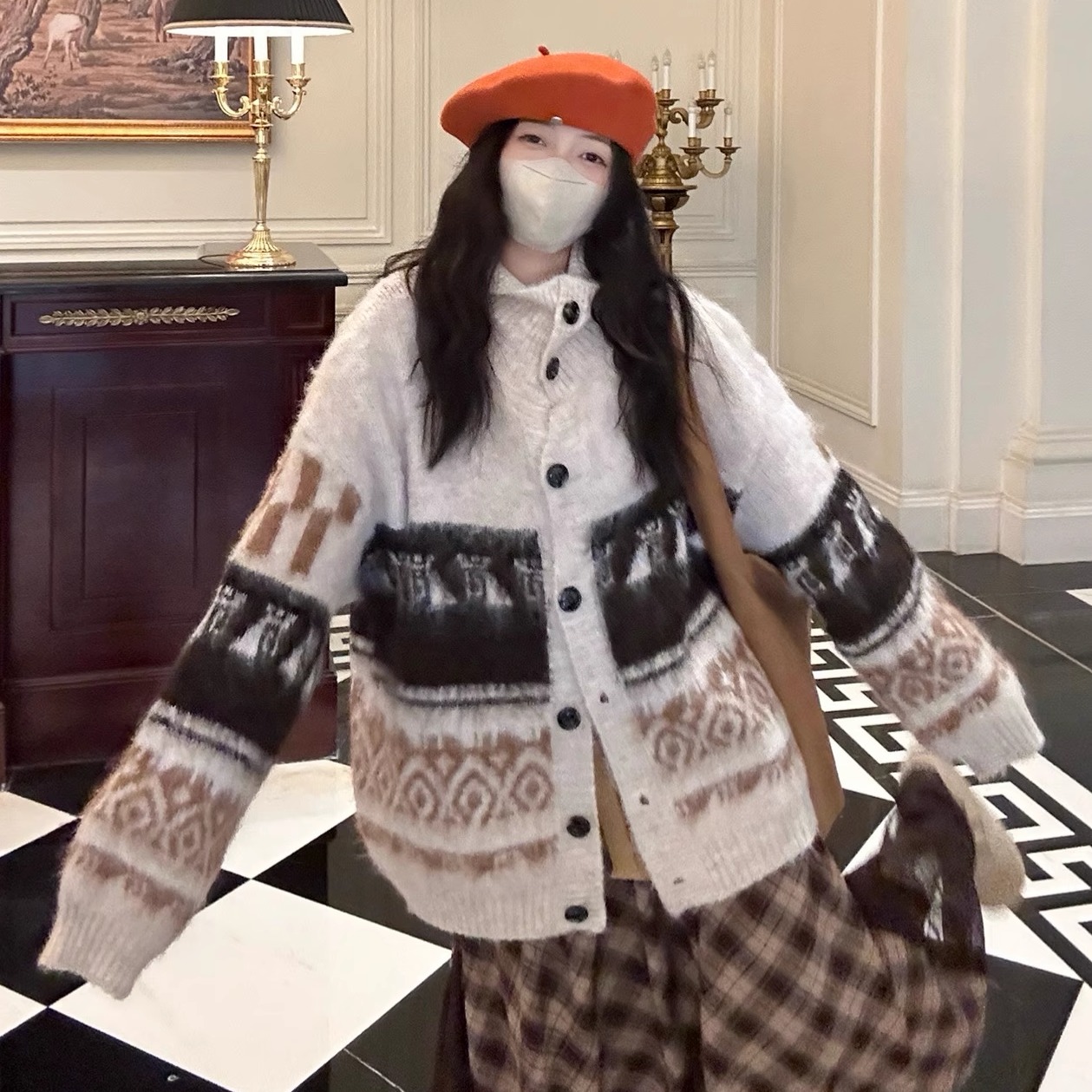 复古韩系慵懒宽松费尔岛针织开衫