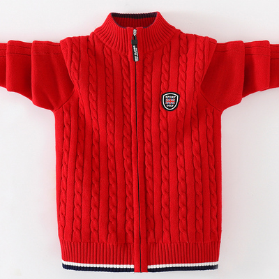 男童红色开衫毛衣中大童秋冬针织衫2025男孩女孩加绒加厚儿童外套