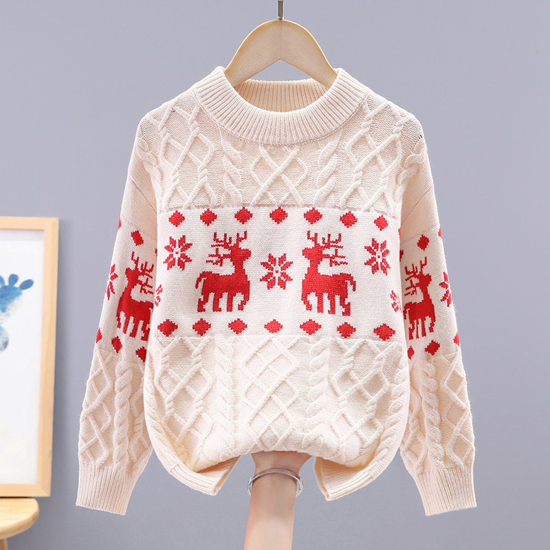 女童毛衣圣诞提花圆领针织衫女孩秋冬慵懒宽松麻花打底衫外套百搭