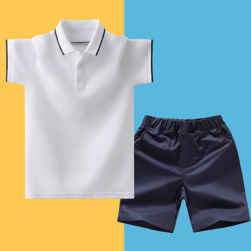 男童学院风翻领短袖T恤套装女童纯色夏季休闲校服中小学生白色潮