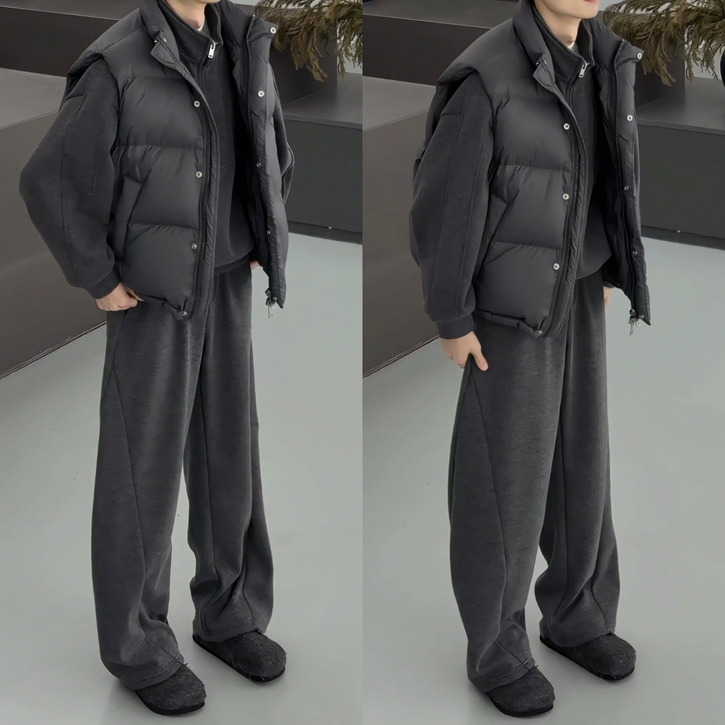 潮流百搭简约纯色运动套装冬季加绒重磅半拉链款卫衣休闲裤两件套