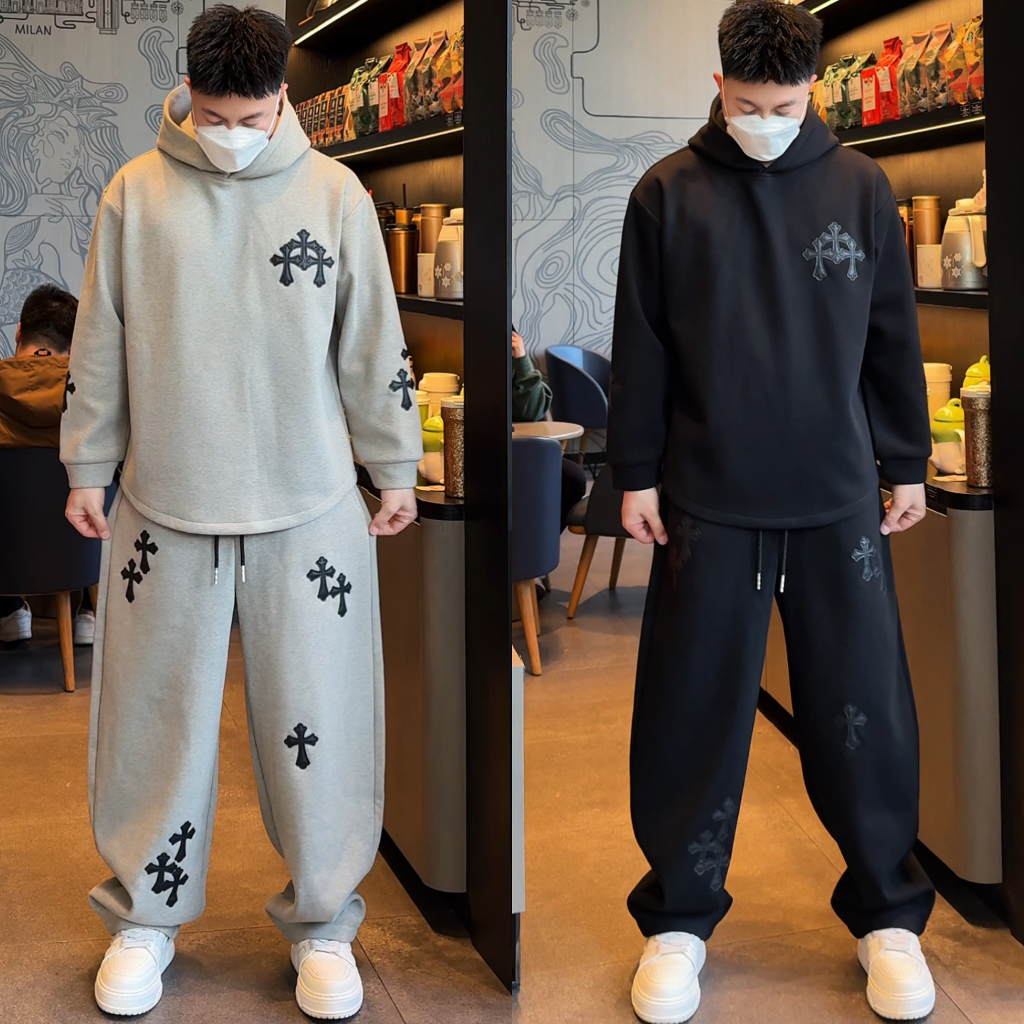 冬季新款时尚潮牌高级感痞帅十字花设计男士加绒加厚保暖运动套装