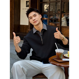 冬季新款新贵轻奢老钱风翻领潮流千鸟格拼接男士假两件长袖POLO衫