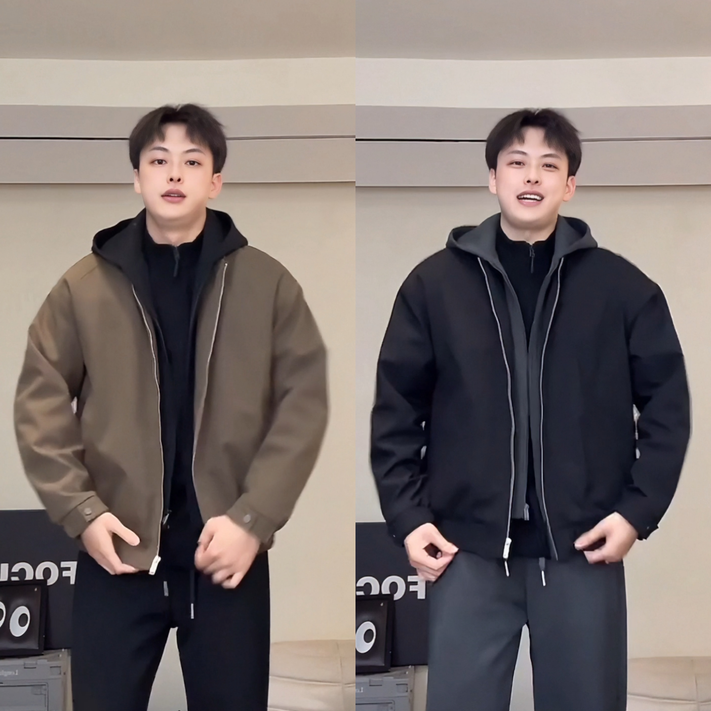 拼接假两件设计款冬季新款男士连帽保暖夹克时尚百搭加厚加绒外套