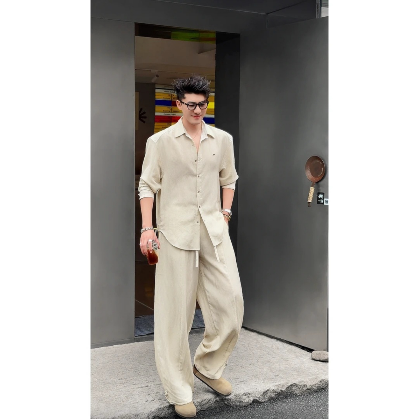 老钱风纯色衬衫休闲套装夏季新品男士慵懒风宽松简约舒适上衣长裤