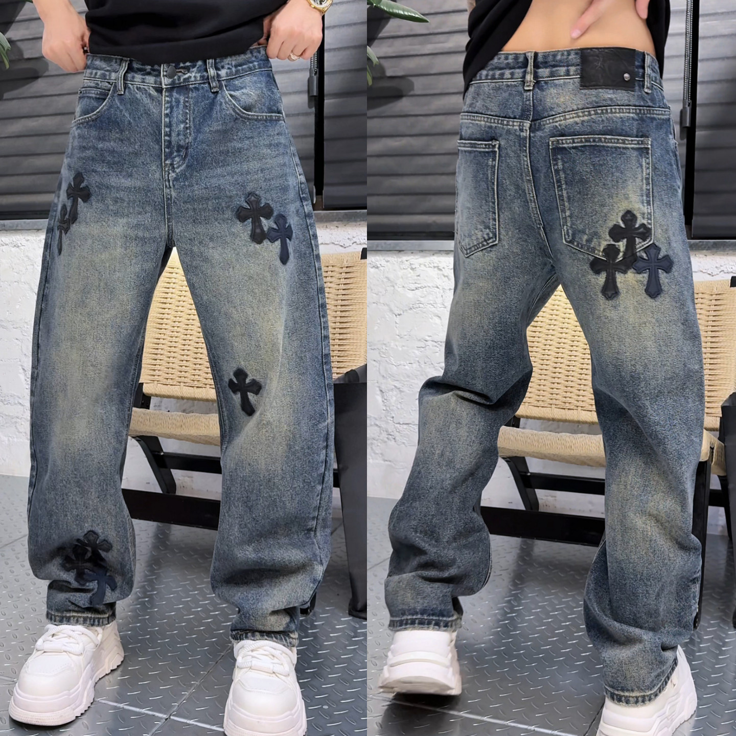 冬季上新美式潮牌酷帅时尚十字花贴花设计宽松百搭男士休闲牛仔裤