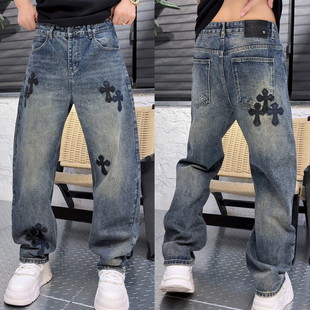 休闲牛仔裤 冬季 十字花贴花设计宽松百搭男士 潮牌酷帅时尚 上新美式