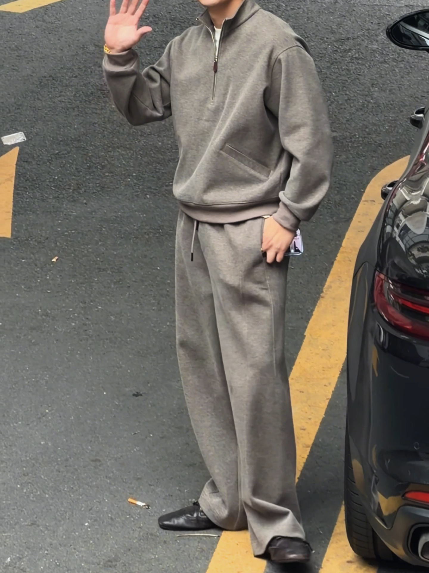 冬季简约时尚休闲老钱风半拉链设计男士立领纯色卫衣长裤时尚套装