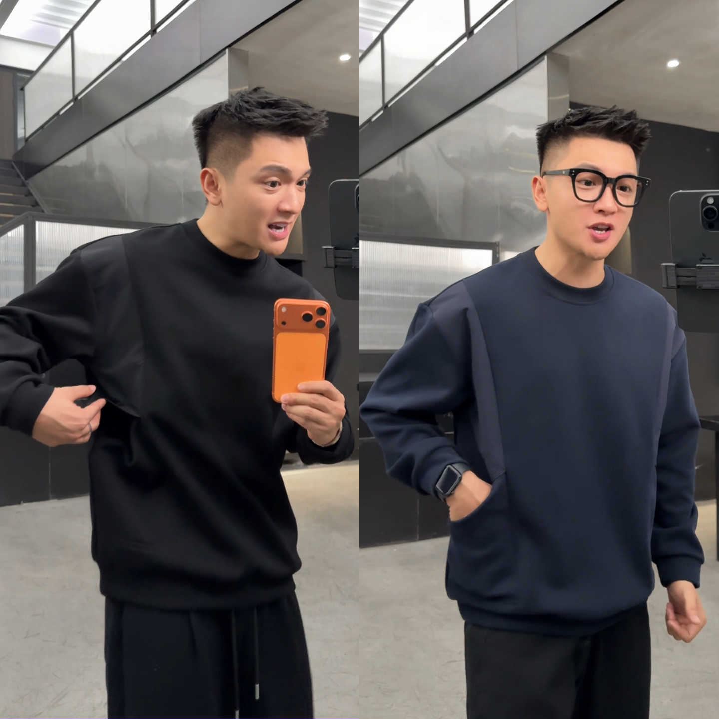 插袋设计师拼接长袖T恤卫衣男