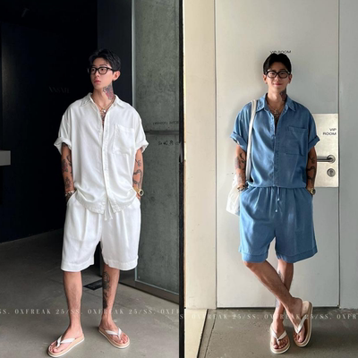 夏季新款男士时尚韩版轻奢小众高级松弛薄款短袖衬衫短裤套装ins