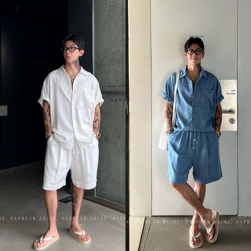 夏季新款男士时尚韩版轻奢小众高级松弛薄款短袖衬衫短裤套装ins