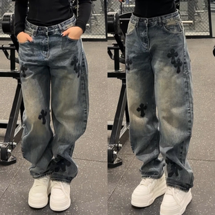 复古立体剪裁休闲裤 冬季 牛仔裤 潮牌十字花小众设计感男士 上新美式