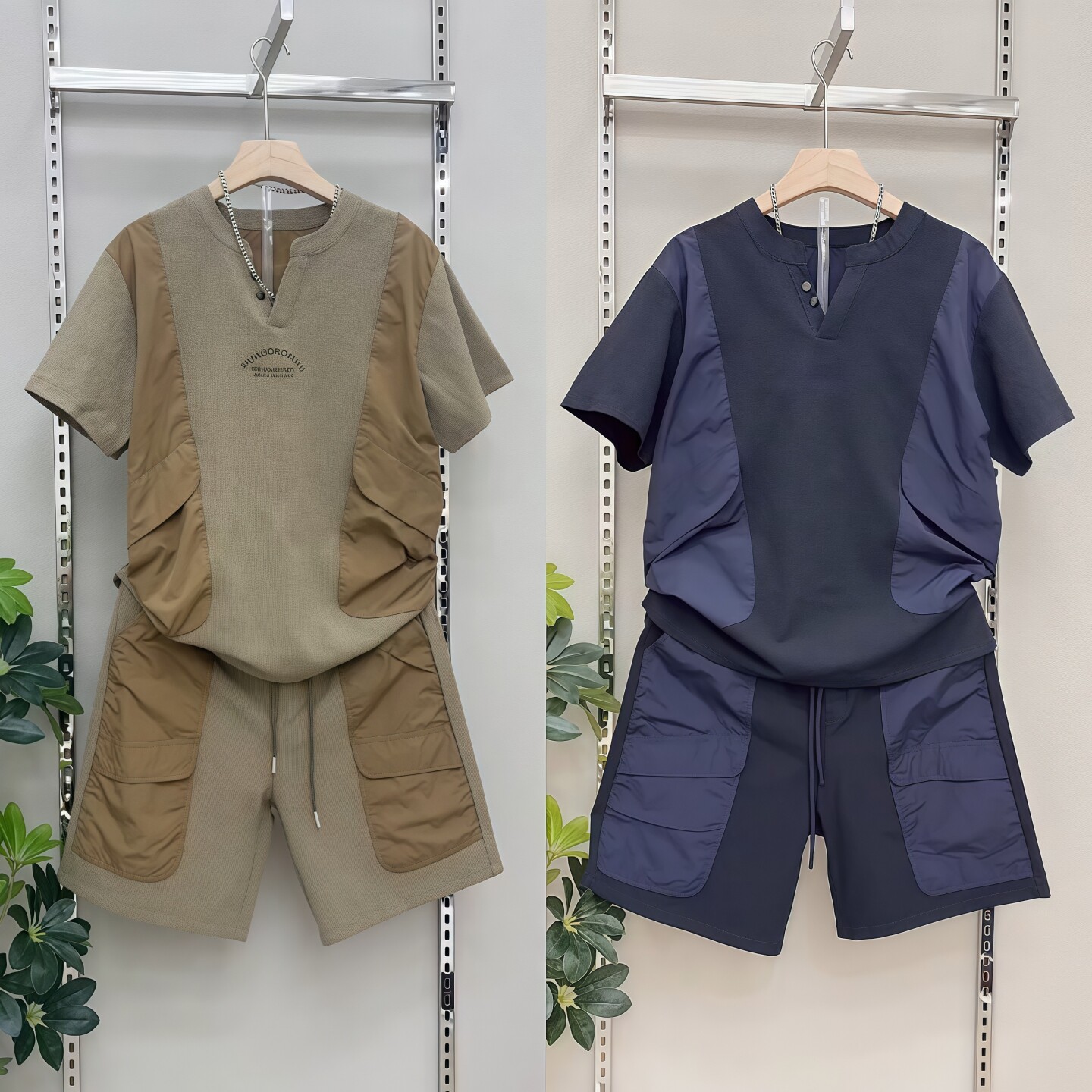 夏季潮牌拼接圆领休闲套装男士户外百搭工装风短袖运动短裤两件套