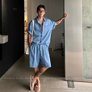 夏季老钱休闲套装男士薄款韩版潮流短袖衬衫时尚短裤休闲运动套装