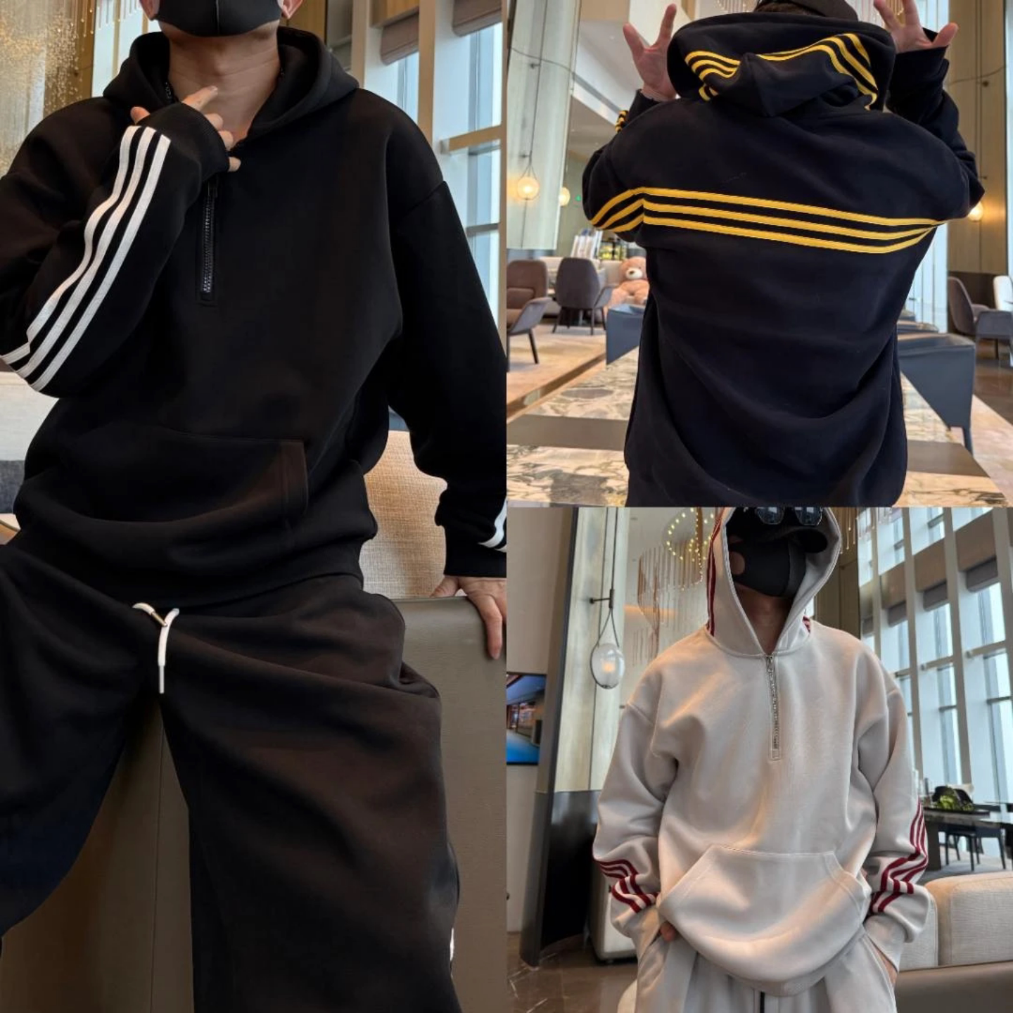 秋季新款男士休闲运动风三条杠半拉链设计宽松连帽卫衣休闲裤套装