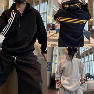 秋季新款男士休闲运动风三条杠半拉链设计宽松连帽卫衣休闲裤套装