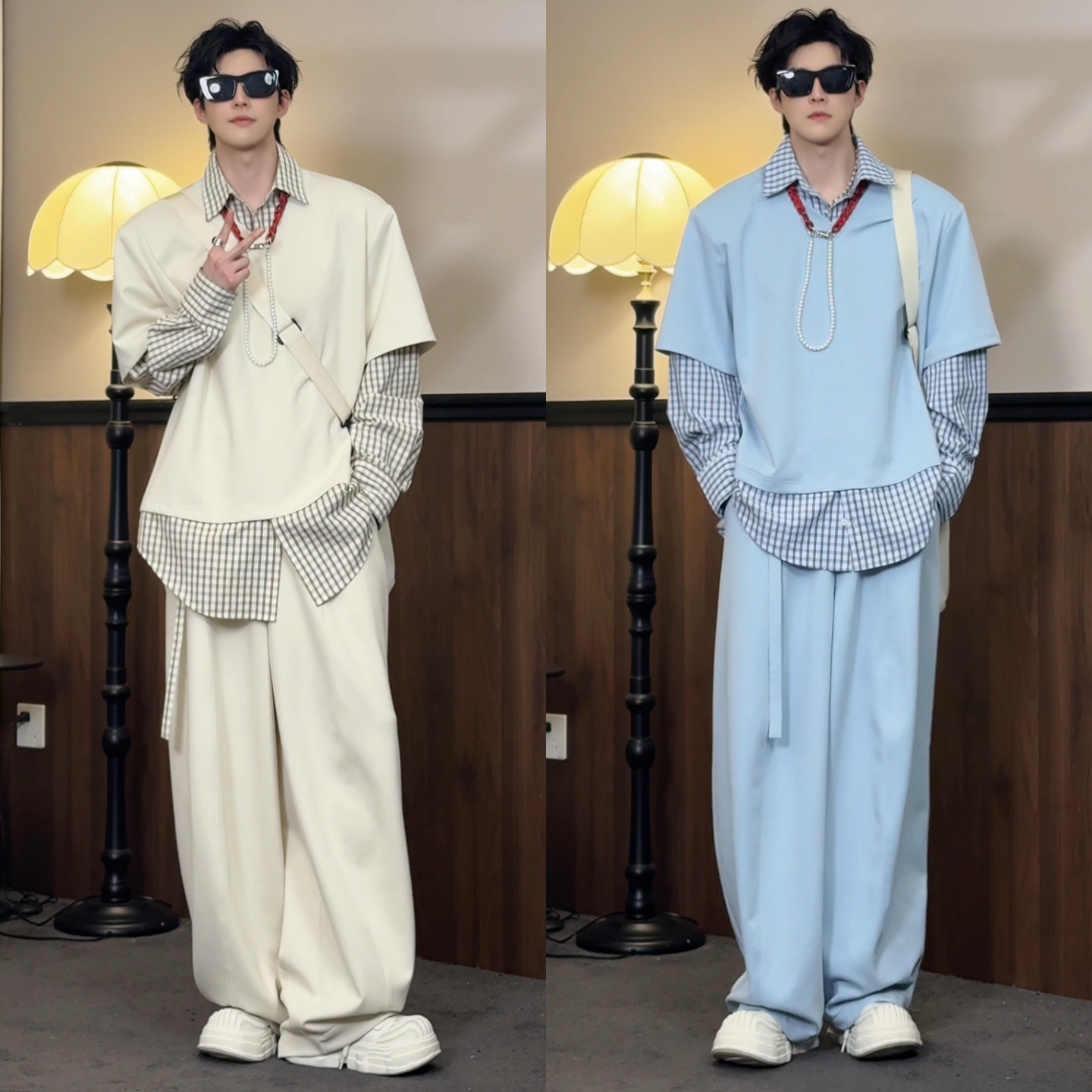 春季少年感假两件格子时尚套装