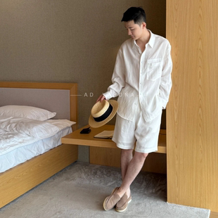 夏季新款男士亚麻套装垂顺休闲雅痞时尚百搭纯色简约衬衫短裤套装