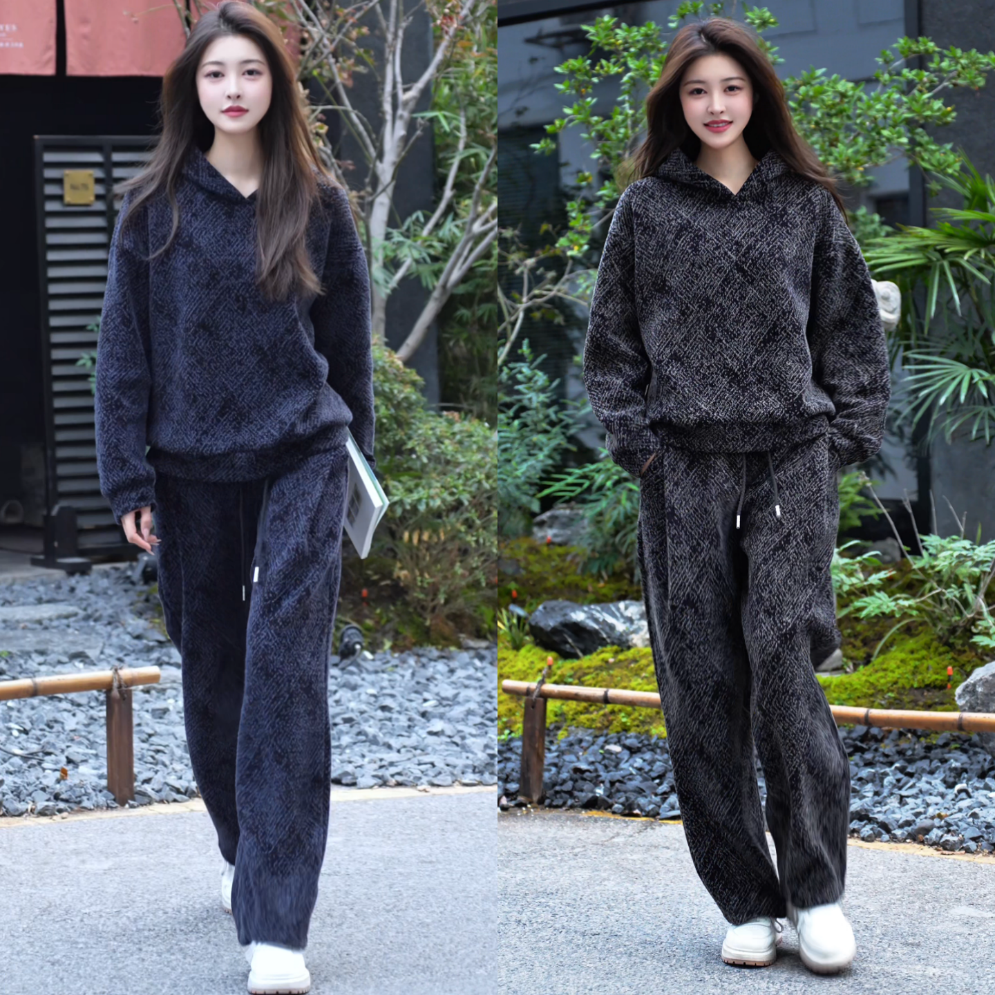 冬季美式潮牌简约慵懒男士撞色菱形格连帽卫衣休闲裤痞帅时尚套装