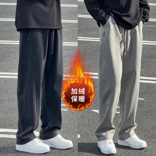 运动卫裤男士冬季美式复古加绒保暖香蕉裤弯刀裤垂感直筒休闲裤潮