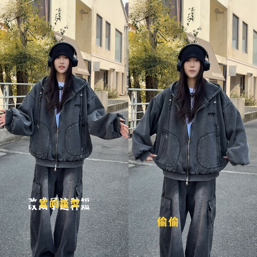 春季美式废土风男士连帽宽松夹克