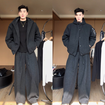 冬季格子保暖加棉夹克休闲裤套装