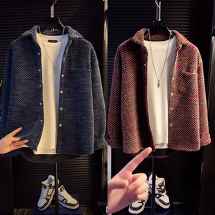 冬季季新款男士小香风编织痞帅潮流时尚百搭户外休闲翻领衬衫外套