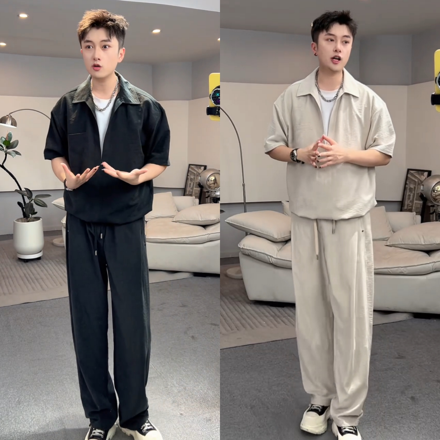 假两件V领老钱风夏季新款男士减龄穿搭短袖衬衫宽松休闲裤子套装