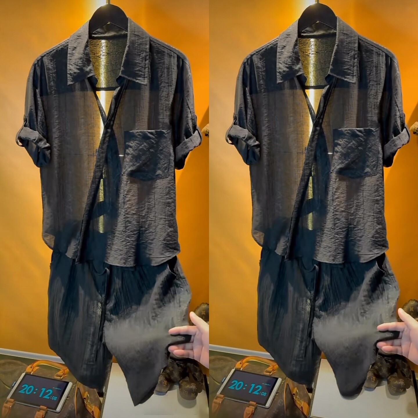 男士轻奢褶皱高级感半袖斜襟套装夏季舒适老钱风提花休闲两件套