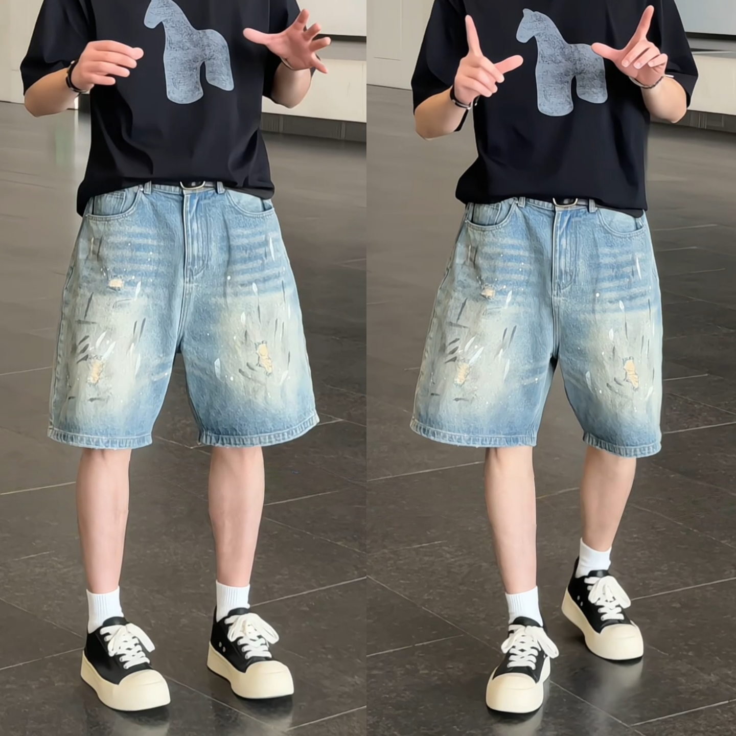 夏季新款街头风潮流痞帅直筒破洞美式复古泼墨涂鸦牛仔短裤五分裤