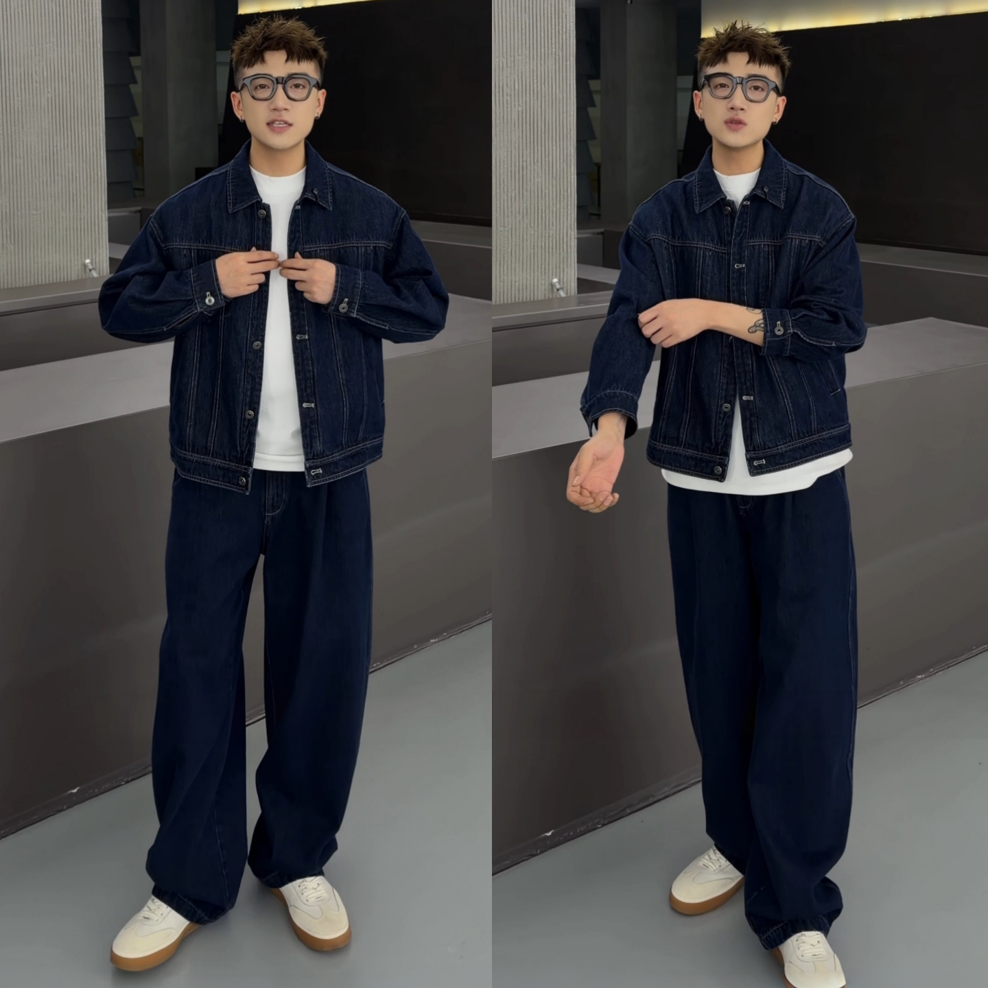 柏油路复古牛仔衬衫外套时尚套装