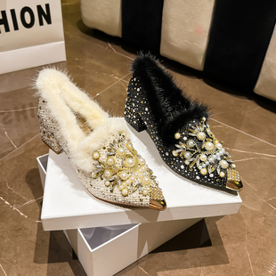 不累脚尖头高跟水钻雪莲花加绒保暖女鞋 新款 冬季 粗跟单鞋