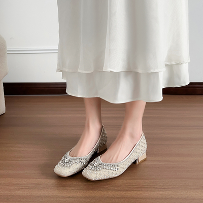 法式水钻方头粗跟一脚蹬女单鞋