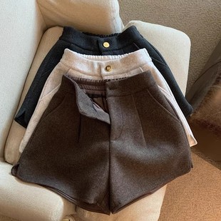 高腰松紧腰口袋呢子a字裤 大码 高级感休闲裤 女春秋大码 子 毛呢短裤