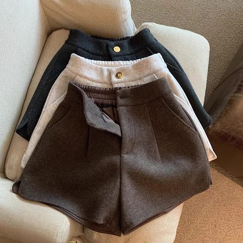 大码毛呢短裤女春秋大码高级感休闲裤高腰松紧腰口袋呢子a字裤子